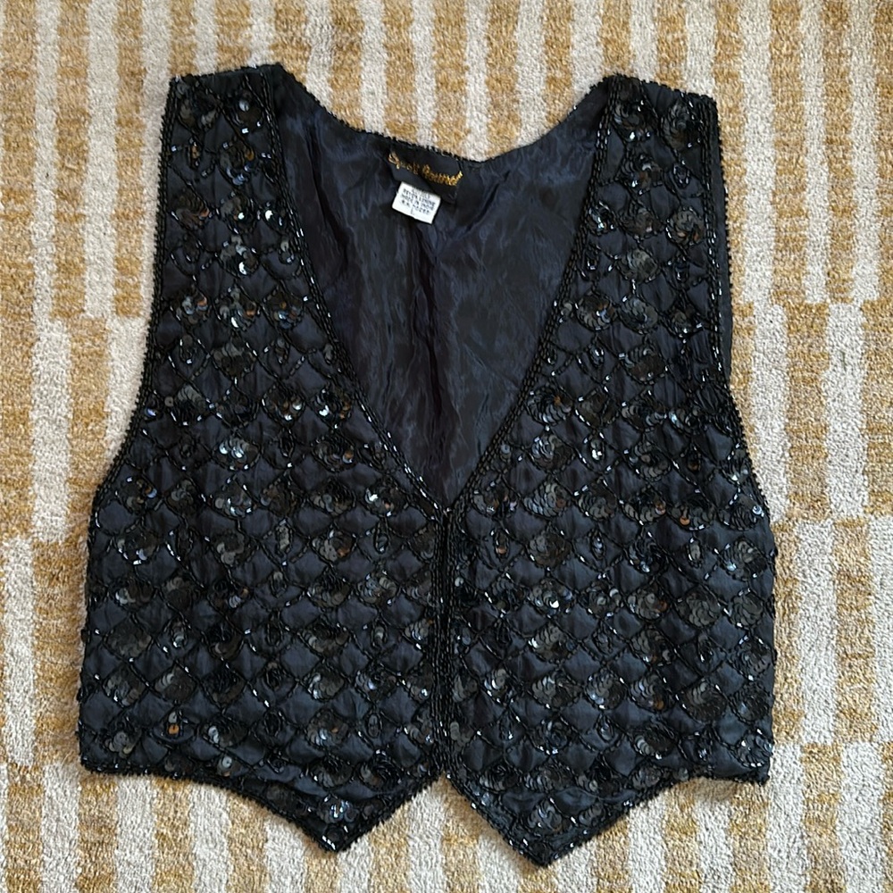 Vintage Sequin Sparkle Vest Black Womens Size L